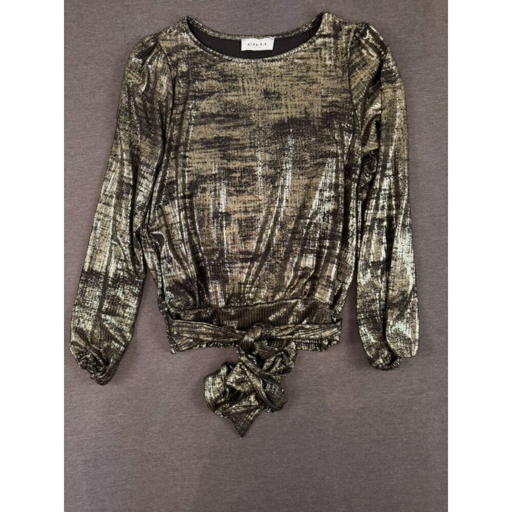 Gilli Metallic Gold Black Tie Front Blouse Puff Sleeve Top M